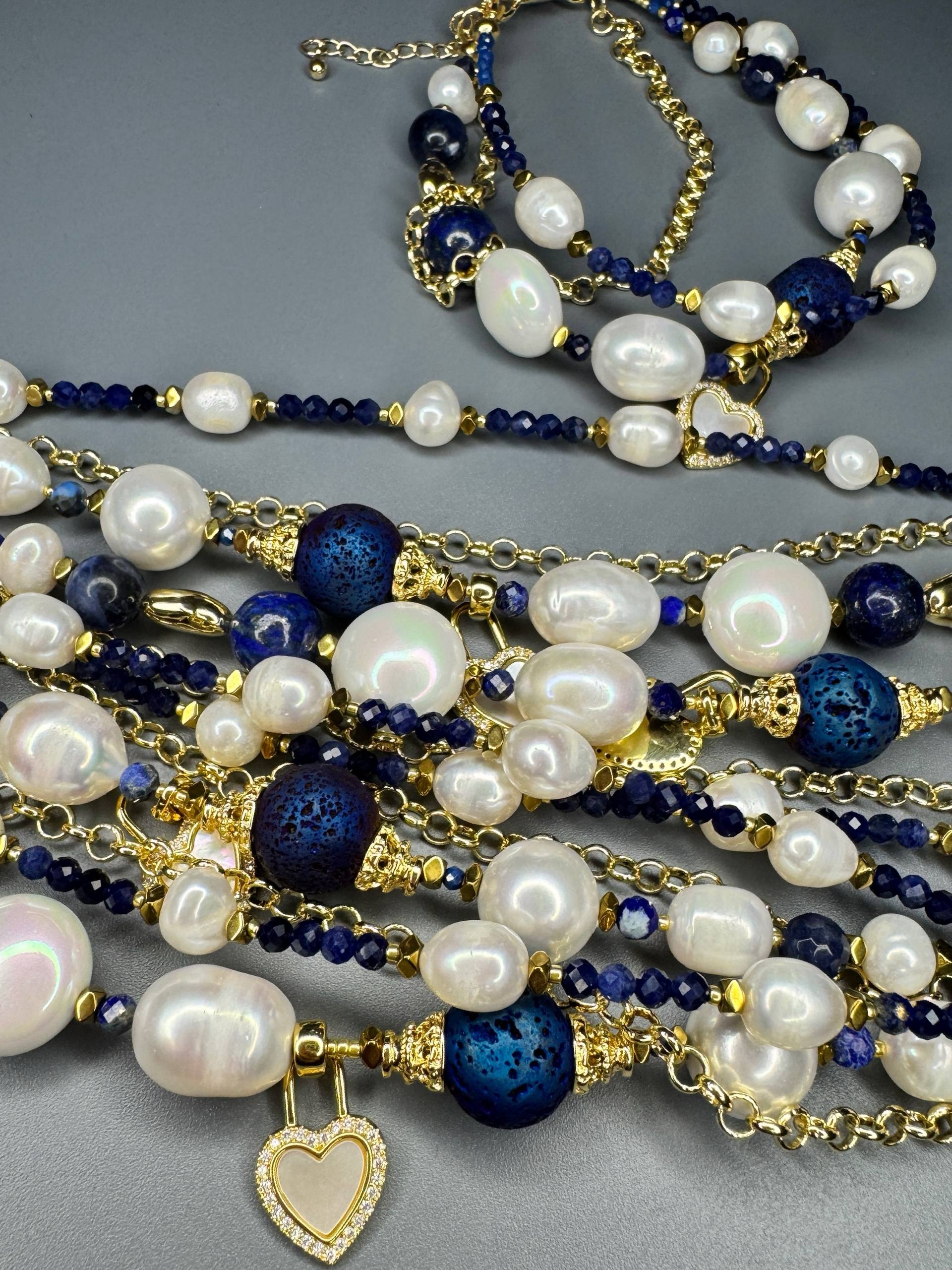 Браслет «Морские глубины» с натуральным жемчугом и лазуритом - фото 5