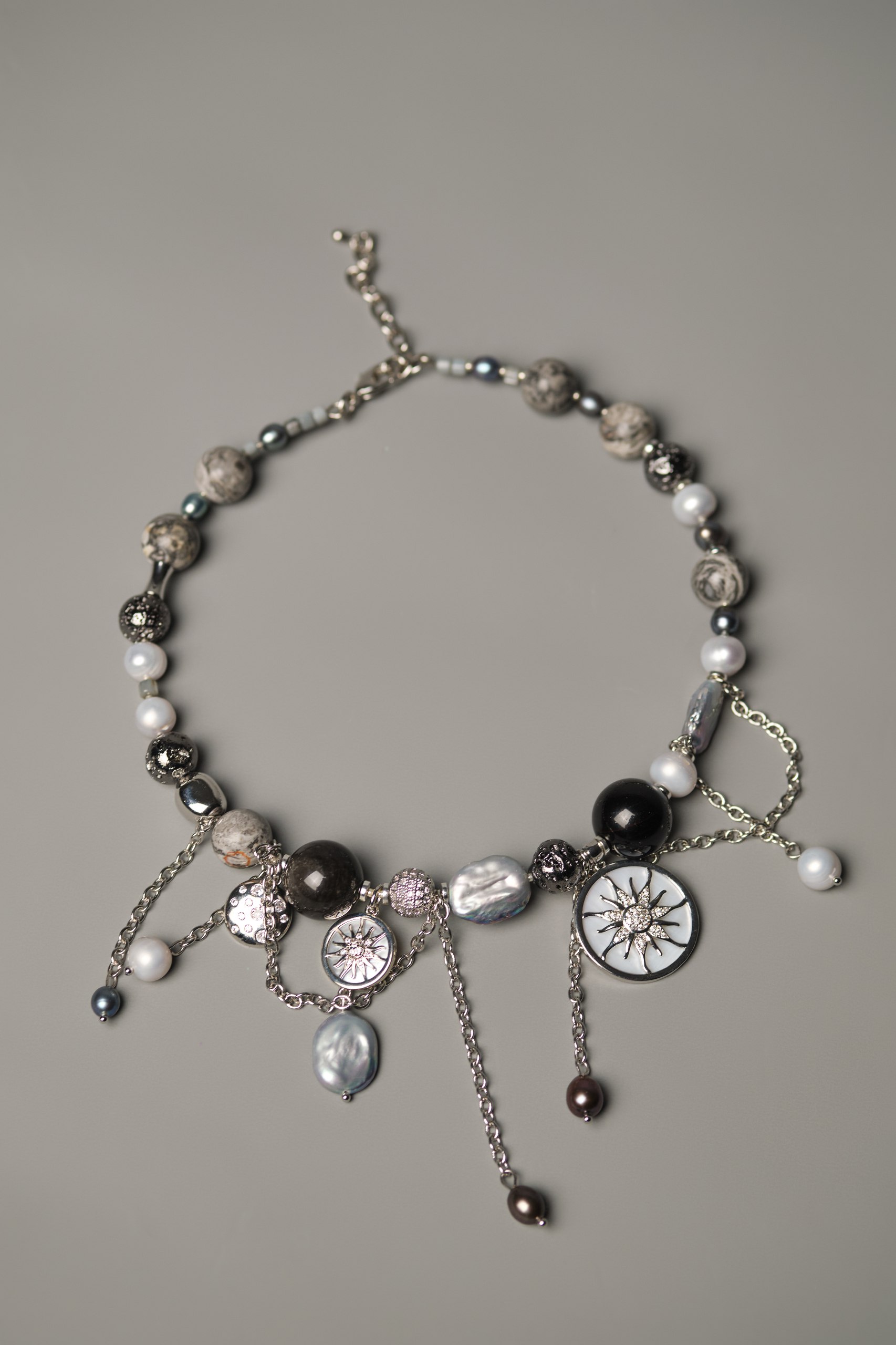 Колье «Серебряная звезда» с чёрным жемчугом и обсидианом - фото 2