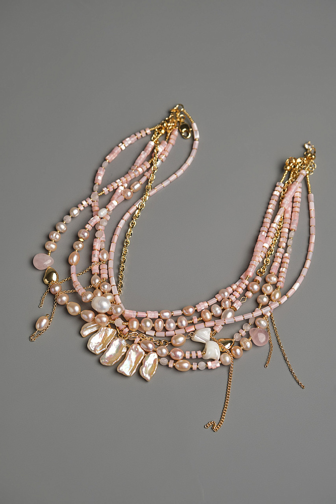 Ожерелье-чокер  «Монако» с розовым жемчугом и розовым кварцем  - фото 4