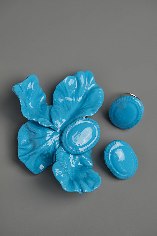 Серьги и кольцо «Фарфоровый цветок». Голубой цвет - фото 3