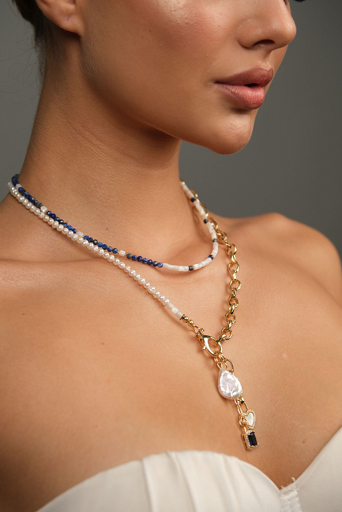 Колье «Baroque pearl» c натуральным жемчугом и содалитом