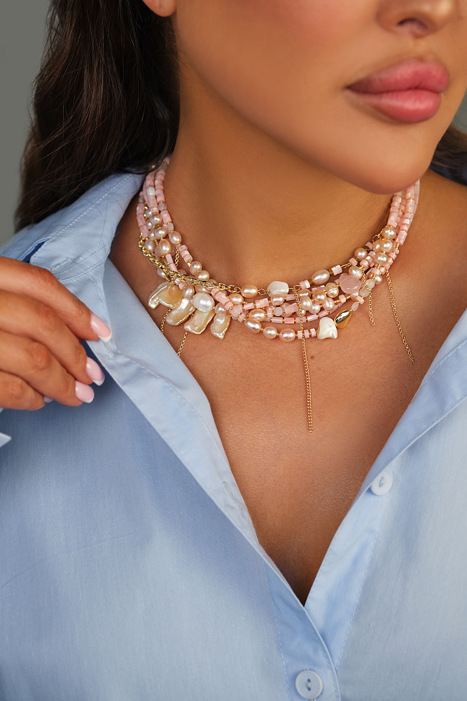 Ожерелье-чокер  «Монако» с розовым жемчугом и розовым кварцем 
