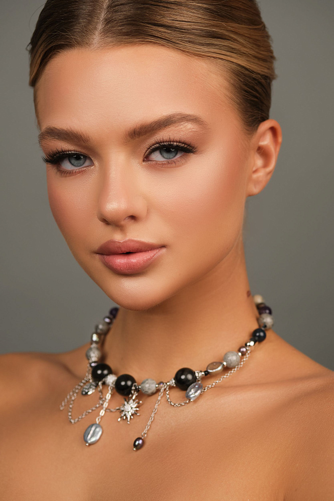 Колье «Black & Grey» с натуральным жемчугом, аметистом и обсидианом - фото 2