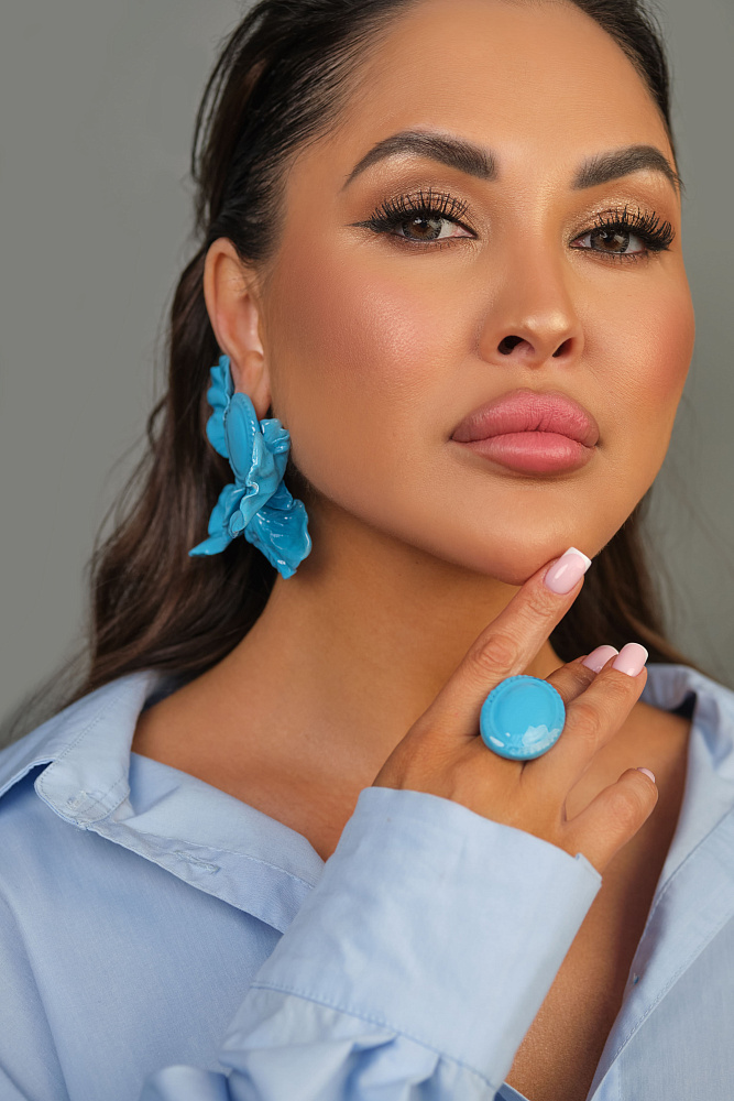 Серьги и кольцо «Фарфоровый цветок». Голубой цвет - фото 6