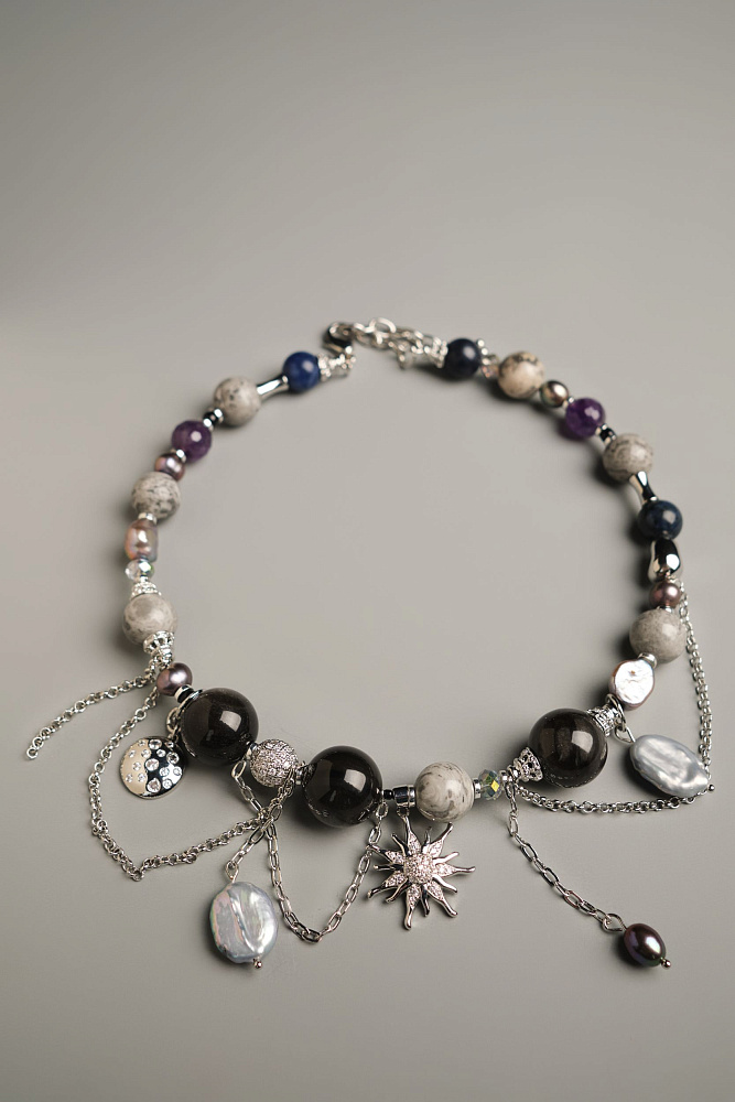 Колье «Black & Grey» с натуральным жемчугом, аметистом и обсидианом - фото 3